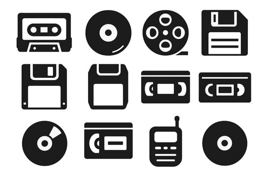 Retro Media Icons. Solid style icons of Retro Media: Cassette Tape, Vinyl Record, Film Reel, Floppy Disk, 8-Track Cartridge, VHS