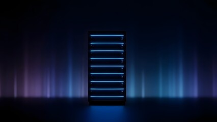 Data Server Rack with Glowing Blue Lights, Cloud Computing Center