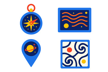Cosmic Exploration Icons. Flat vector icons of cosmic exploration tools: star map compass, chart displaying galactic flow currents