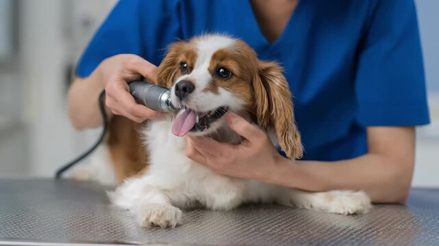 Veterinary technician polishing a small pets teeth using a rotary tool emphasizing dental hygiene and preventing oral diseases in a calm examination room.