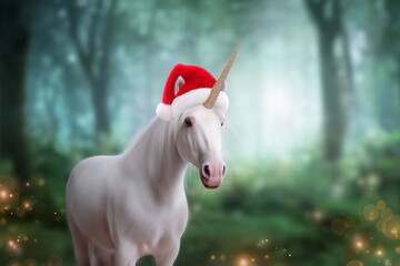 Majestic unicorn with santa hat in enchanted forest setting