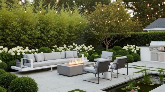 Modern Outdoor Patio Lounge With Gas Fire Pit Sofa Chairs And Grill In Lush Green Garden