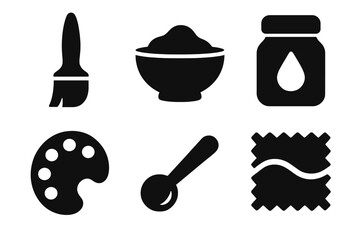 Artisan Dye Tools Icons. Solid style icons of artisan dye tools: brush, mixing bowl, pigment jar, palette, measuring spoon, cloth
