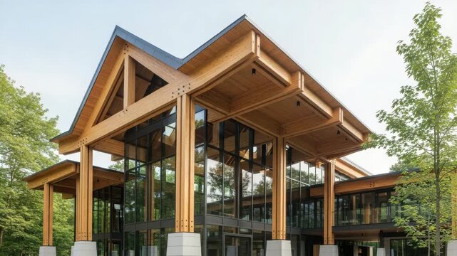 Modern Timber Frame Building With Glass Facade Surrounded By Lush Green Trees And Clear Sky