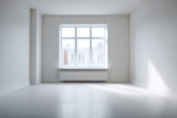 Fototapeta premium Bright sunlit empty room with large window and minimalist design, blurred background or out-of-focus backdrop
