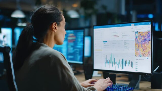 Side view medium shot of a person analyzing results from a simultaneous federated search combining data from diverse sources in real time.