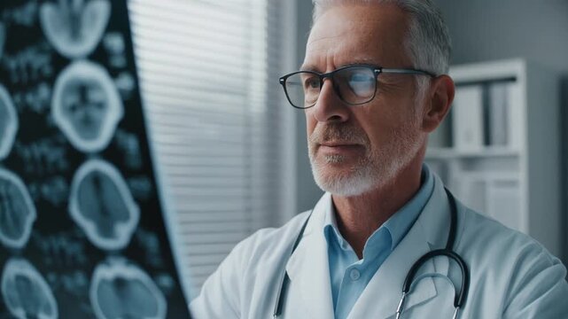 Experienced male neurologist carefully examines a detailed brain scan, demonstrating deep focus and professional expertise in diagnostic imaging for patient care