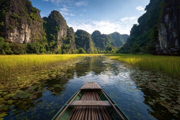 limestone karsts rocks rising above the riverbanks cinematic view from the traditional boat on river, daytime, sunny weather. Slow travel with respect for local culture and sustainable tourism.