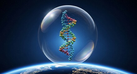 Colorful dna helix in a glass sphere floating above earth in space
