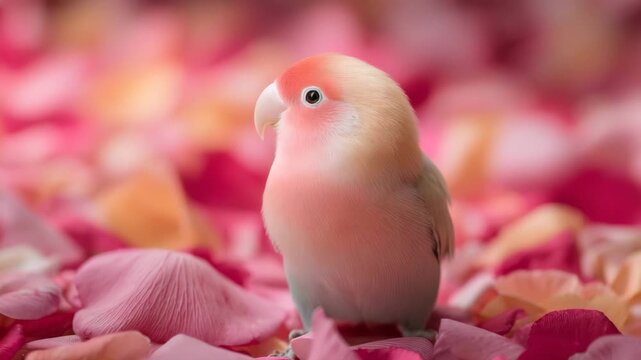Colorful lovebird perched on soft petals in a vibrant floral arrangement showcasing nature's beauty