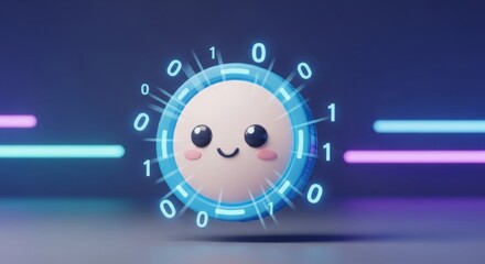 Cute digital character with binary code and neon lights