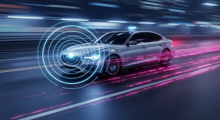 Futuristic autonomous electric car on highway with light trails and digital interface