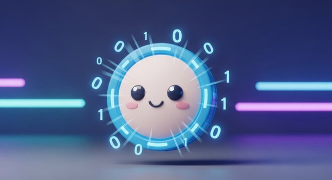 Cute digital character with binary code and neon lights - Powered by Adobe