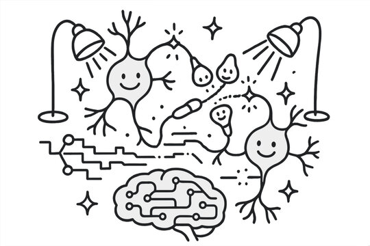 Whimsical Optogenetics Scene. Whimsical doodle optogenetics lab with smiling neurons, cartoon light beams activating happy
