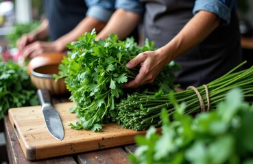 Fresh herbs are being chopped on a wooden cutting board beside a kitchen knife