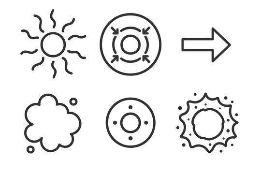 Supernova Nucleosynthesis Icons. Line style icons of Nucleosynthesis in Supernovae: stellar shockwave, iron core collapse,