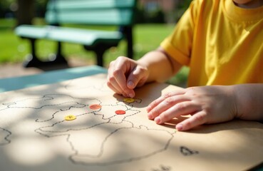 Fototapeta premium Child drawing on a park table with a chalk map under sunny light as shadows play