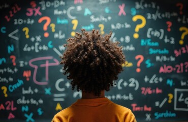 Child studies complex math formulas on a chalkboard filled with symbols