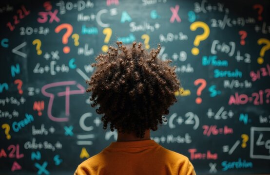 Child studies complex math formulas on a chalkboard filled with symbols