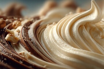 A close-up of creamy swirls of chocolate and vanilla frostings with crushed nuts, captured under soft natural lighting.