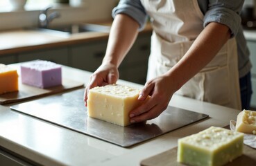 Soap maker shapes vibrant bars on a stainless worktable in a bright studio