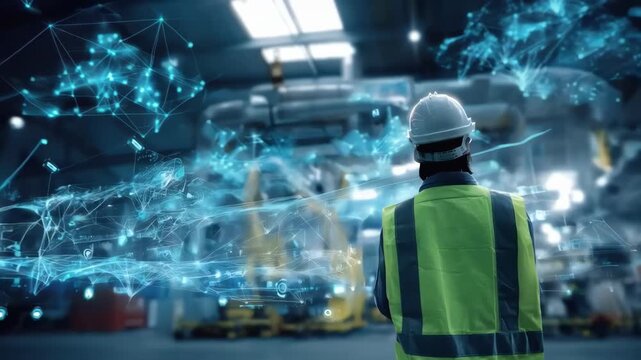Worker installs multiple smart devices on a manufacturing floor ensuring reliable network communication in an industrial setting.