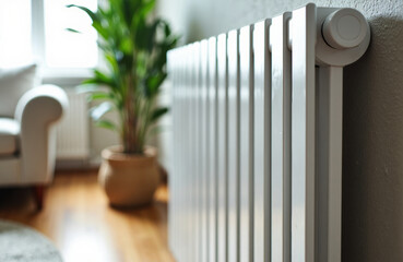 White radiator along living room wall with blurred plant and sofa foreground