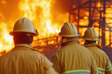 Firefighters in protective gear facing intense flames and smoke emergency response team at work during a dangerous fire incident back view