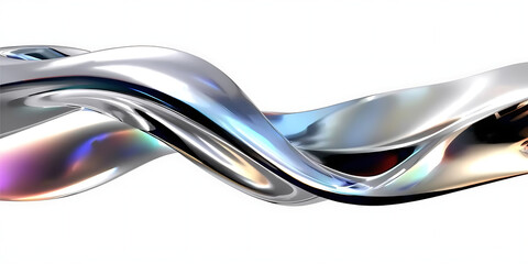 Elegant metallic liquid wave with smooth flowing curves and holographic reflections on a clean white background. Chrome silver surface with iridescent rainbow highlights. Futuristic 3D abstract fluid 