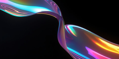 Obraz premium Black dark abstract background. Iridescent neon liquid waves flowing in glossy motion. Colorful fluid glass surface with rainbow highlights. Futuristic metallic shine. Dynamic 3D render.