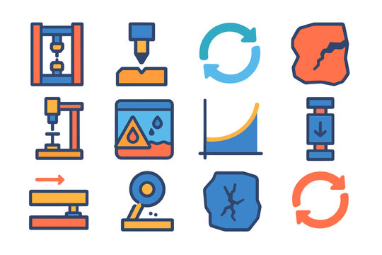 Colorful Testing Equipment Icons. Flat vector icons of testing materials: tensile test machine, hardness indenter, fatigue cycle