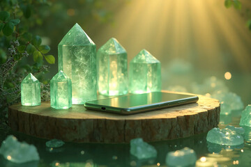 Glowing smartphone on wooden podium with crystals and feathers symbolizing online spiritual coaching or distance healing - AI generated