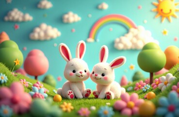 Bunnies explore a vivid spring garden under a rainbow, full of flowers and sunshine