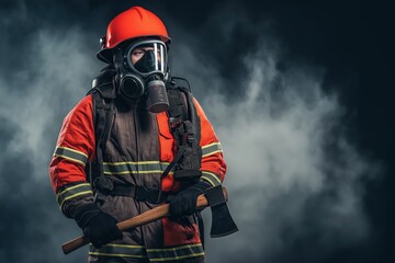 Obraz premium Firefighter in red protective suit and gas mask holding axe against smoky background for emergency response and safety campaigns