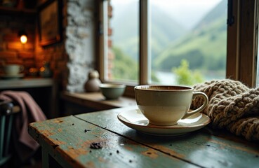 Cup of coffee on rustic wooden table by window with misty mountain view