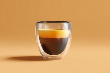 Delicious espresso in a clear glass cup on warm background