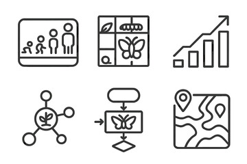 Adaptive Growth Icons. Line style icons of adaptive growth systems: life stage interface, metamorphic tracking grid, progressive
