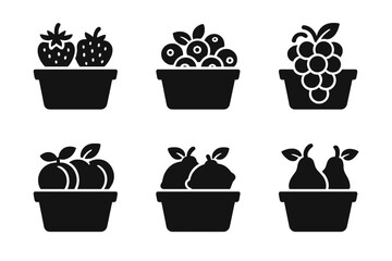 Fruit Basket Icons. Solid style icons of fruits in baskets: strawberries, blueberries, grapes, peaches, lemons, pears No text, No
