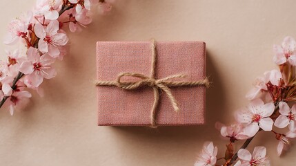 Beautifully wrapped gift box with pink cherry blossoms