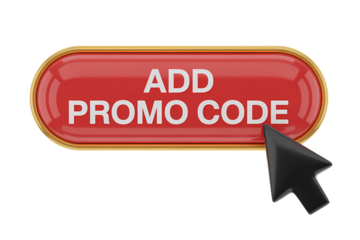 3d icon Promotional button with cursor. This image is focused on a bright red button labeled Add Promo Code and interacted with a mouse cursor . Isolated on transparent background, png