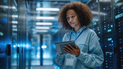 Female IT specialist using digital tablet to inspect AI servers in high-tech data center