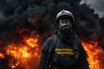 Firefighter in protective gear with fire and smoke background emergency responder fire safety firefighting fireman heroism and bravery