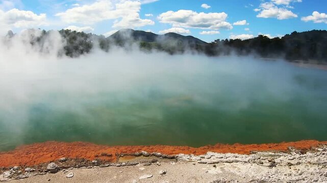 Walk around the Champagne Pool - the most colourful geothermal area in Wai-O-Tapu Thermal Wonderland, Rotorua, New Zealand. Time-lapse 4K Video
