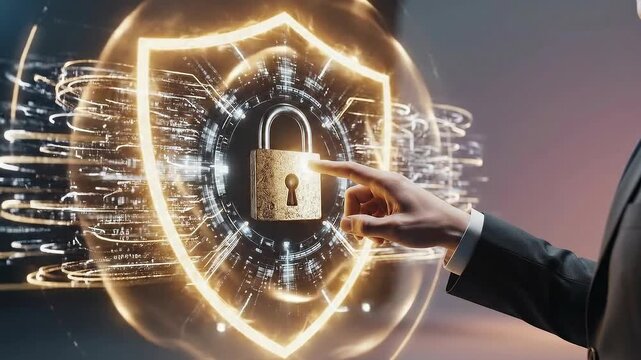Digital security concept - Man touching a glowing shield with a lock