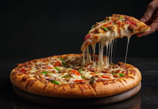 Delicious pizza with melted cheese slice being lifted on black background for restaurant menu and food photography projects ready to eat meal