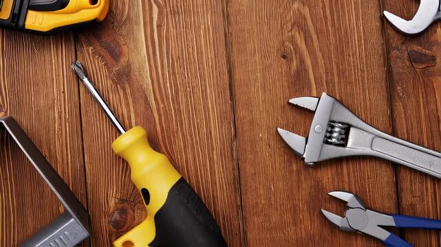 Assortment of tools, including screwdrivers, wrenches, and pliers, on a rustic wood surface