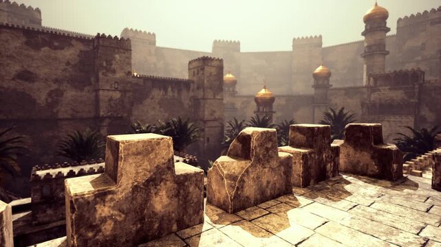 A courtyard surrounded by towering walls and ornate golden domes showcases intricate stonework under bright sunlight. Lush greenery adds contrast to the ancient architecture.