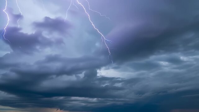 A dramatic nighttime scene features lightning cutting through dark, ominous clouds