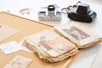 Board with family tree, photo cameras and old album on table