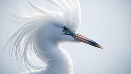 Elegant white fluffy heron with blue eye and colorful beak isolated on light background. Calm water bird with beautiful feather concept. Cloud Dancer Color of the Year 2026